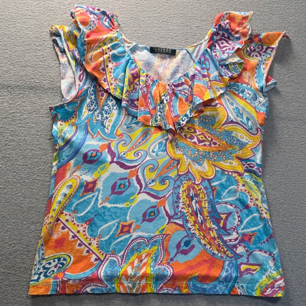 Lauren Ralph Lauren Paisley Ruffle Top Womens Small Multicolor Sleeveless Blouse